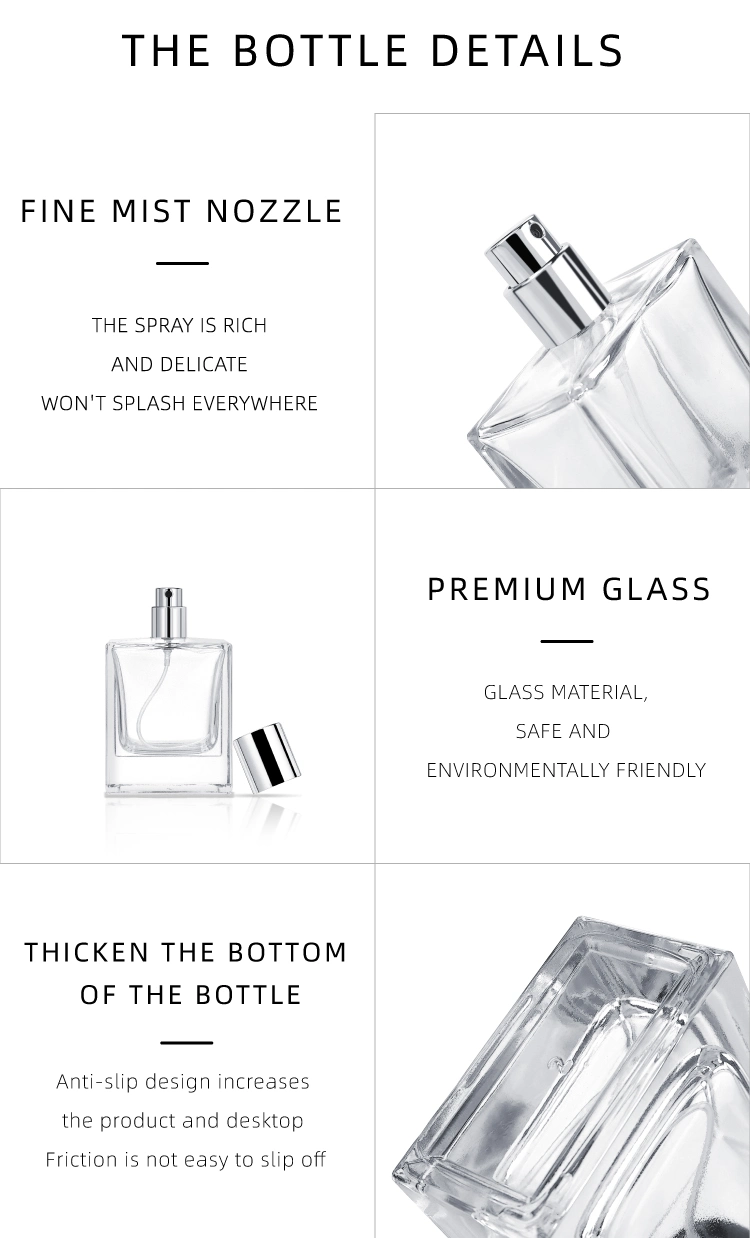 Wholesale 30ml 50ml Customized Clear Glass Square Perfume Spray Bottle Wihte Fine Mist Pump