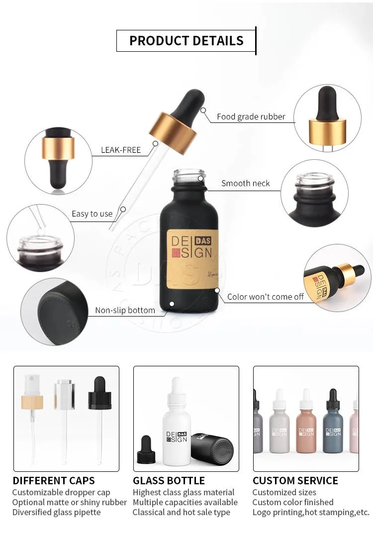 30ml 1 Oz Matte Balck White Boston Round Beard Hair Oil Glass Dropper Bottle for Serum Essential Oil