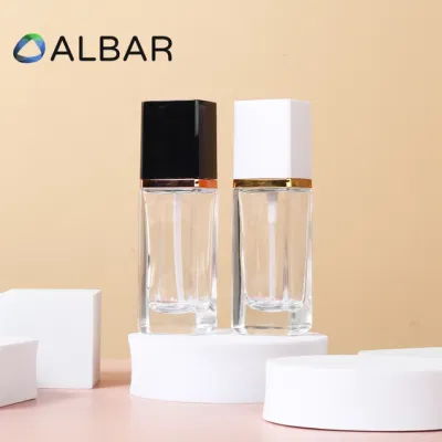 20ml 30ml Transparente e Fosco Personalizar Maquiagens Fundação Cristal Vidro Perfume Cosméticos Frasco com Bomba de Imprensa ou Spray em Formato Quadrado Retangular Portátil