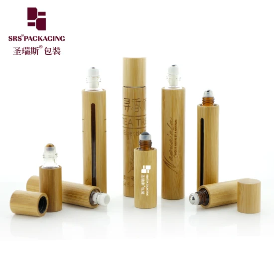 Embalagem de bambu natural redonda quadrada cosmética vazia transparente âmbar verde azul rolo de vidro / conta-gotas perfume plástico 3ml 5ml 10ml 15ml rolo de óleo essencial em garrafa